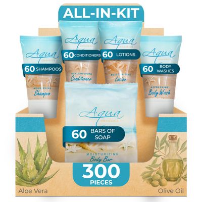 Aqua Organics Hotel Soaps and Toiletries Bulk Set | 1oz Hotel Shampoo & Conditioner, Body Wash, Body Lotion & 1oz Bar Soap Travel Size | 300 Pieces