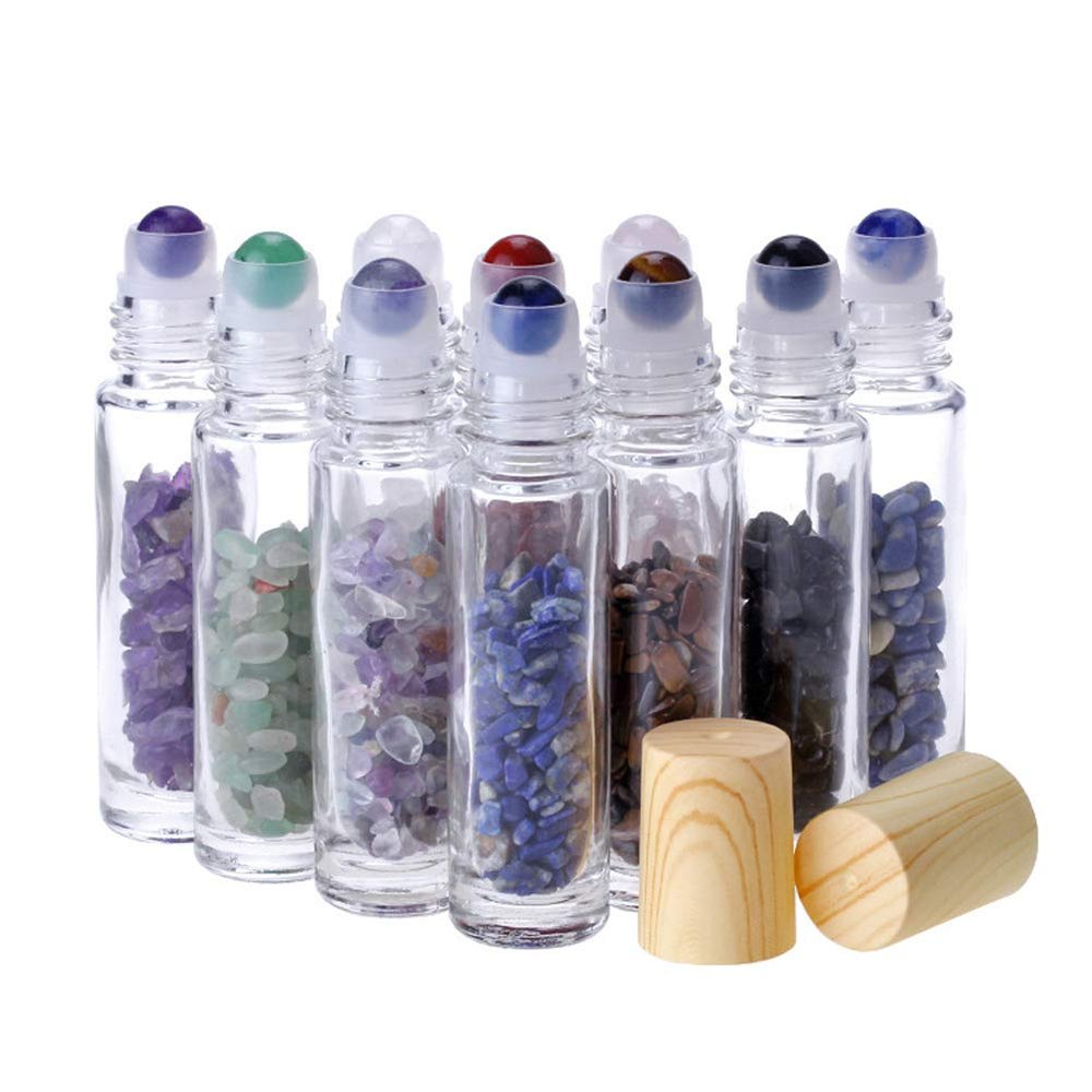 10Pcs Clear 10ml Thick Glass Roll on Bottles Vials Travel Containers Massage Roller Bottle with Gemstone Roller Ball for Essential Oils Perfume Cosmetic, Gemstone Chips Inside (Plastic Wood Grain Cap)