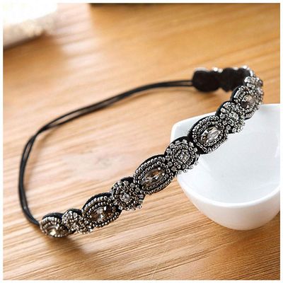 Giwotu Vintage Ethnic Turquoise Metal Beads Flower Rhinestone Headband Women Rhinestones Crystal Flower Elastic Headband Hair Accessories Dark