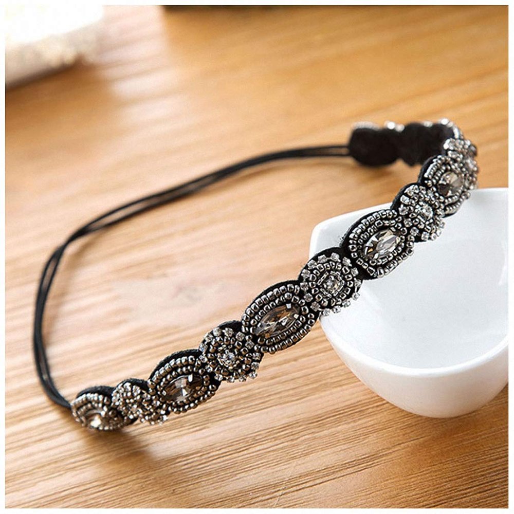 Giwotu Vintage Ethnic Turquoise Metal Beads Flower Rhinestone Headband Women Rhinestones Crystal Flower Elastic Headband Hair Accessories Dark
