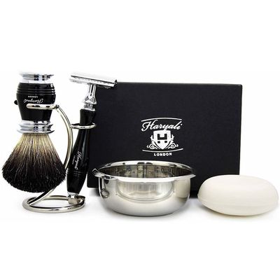 5 Pieces Shaving Set in Black(Black Badger Hair Brush, 3 Different Type of Razor to Choose, Brush & Razor Holder & Shaving Soap) Blades not Included. Perfect As a Gift (5 Edge Razor)