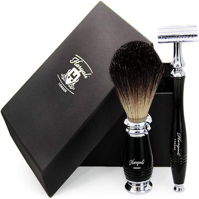 100% Pure Black Badger Hair Brush with Black & Metal Handle,3 Different Razor Type to Choose with Black Handle. Perfect Set for Smooth Finish. for Men's (5 Edge Cartridge Razor)