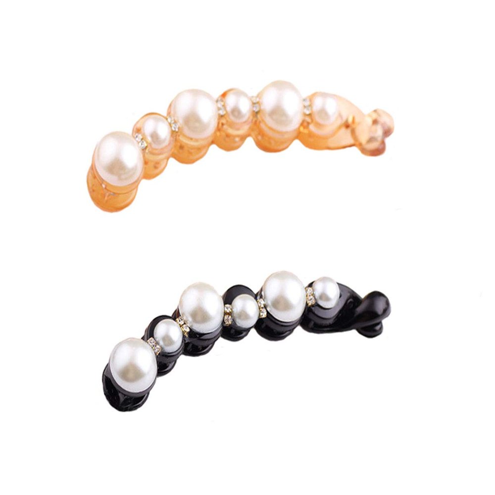 2 Pcs Fashion Acrylic Imitation Pearls Banana Clip Cryrstal Rhinestone Hair Clips Hairpin Ponytail Holder Hair Accessories for Women