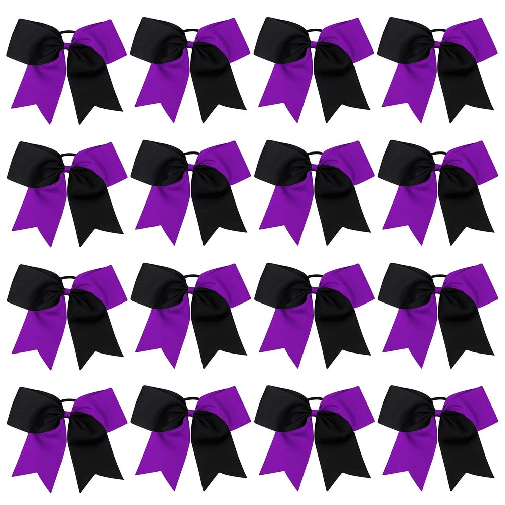 16PCS 8" Large Cheer Hair Bows Ponytail Holder Elastic Band Handmade for Cheerleading Teen Girls College Sports (Black/Purple, 1 Count (Pack of 16))