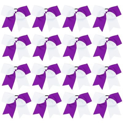 16PCS 8" Large Cheer Hair Bows Ponytail Holder Elastic Band Handmade for Cheerleading Teen Girls College Sports (White/Purple, 1 Count (Pack of 16))