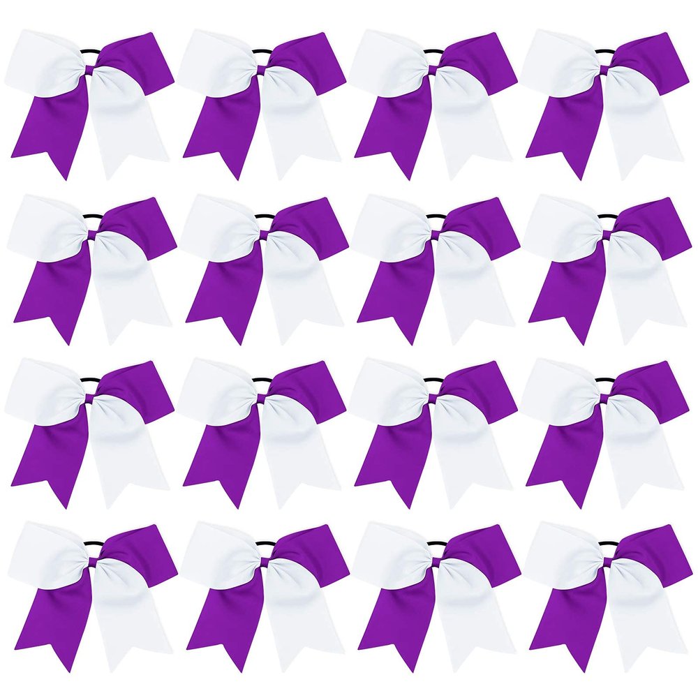 16PCS 8" Large Cheer Hair Bows Ponytail Holder Elastic Band Handmade for Cheerleading Teen Girls College Sports (White/Purple, 1 Count (Pack of 16))