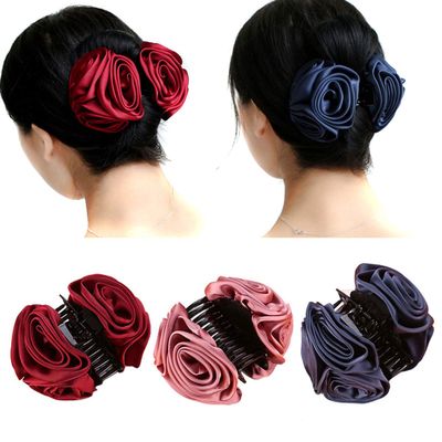 3PCS Sweet Solid Color Three Rose Flower Hair Claws Beauty Ribbon Flower Headwear Hair Clip Jewelry for Women Accessories