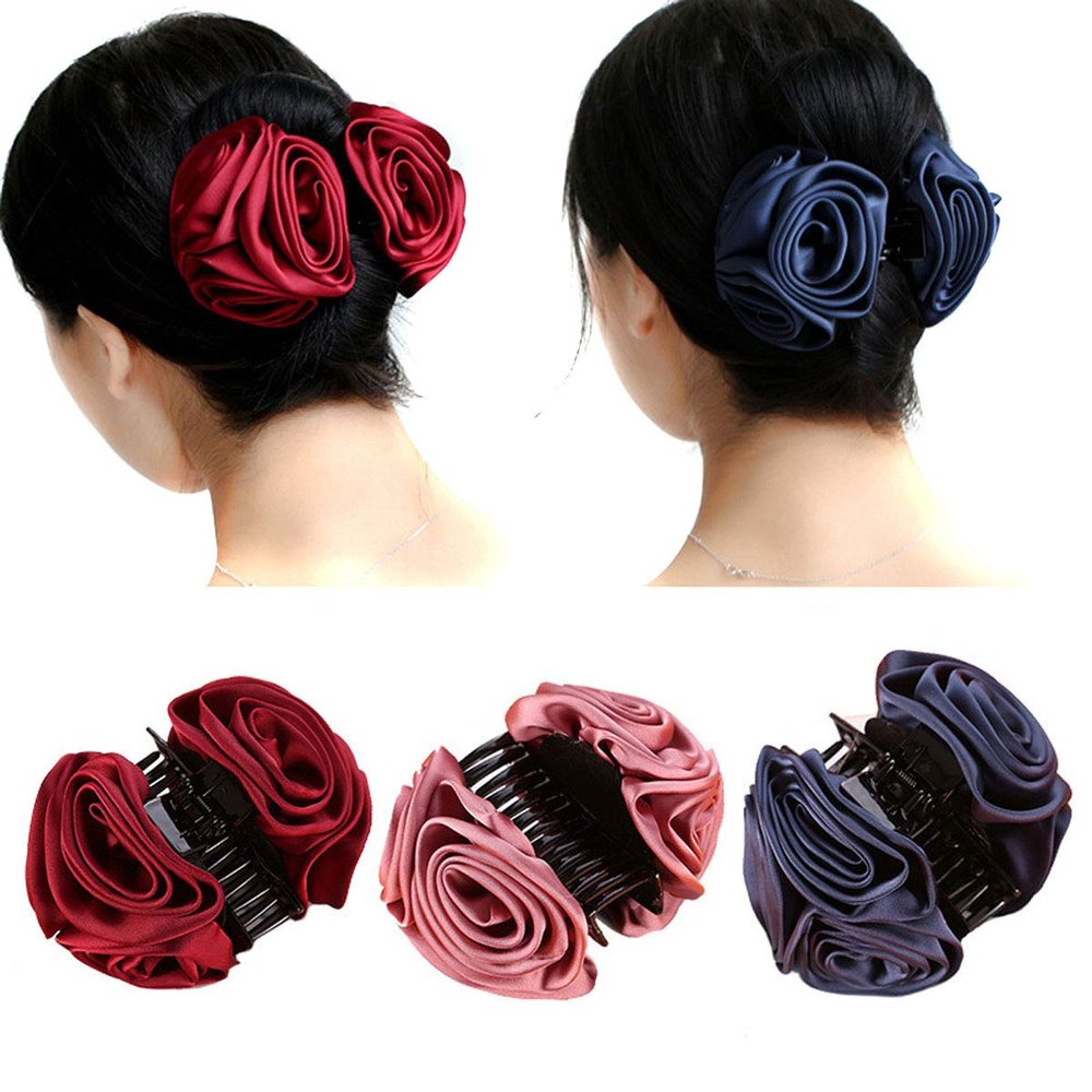 3PCS Sweet Solid Color Three Rose Flower Hair Claws Beauty Ribbon Flower Headwear Hair Clip Jewelry for Women Accessories