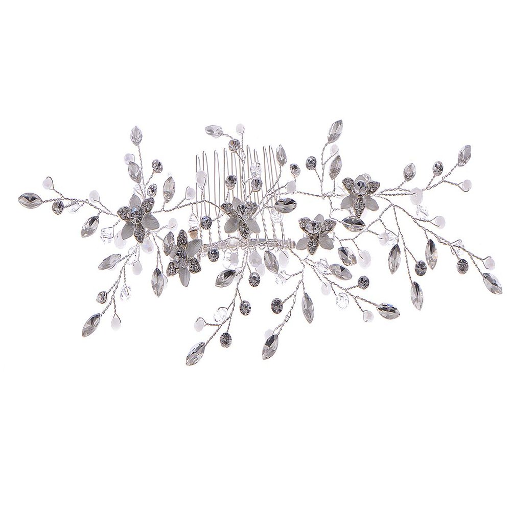 Alilang Silver Tone Zirconia Cubic Czech Crystal Rhinestone Rustic Floral Leaves Bridal Prom Hair Comb