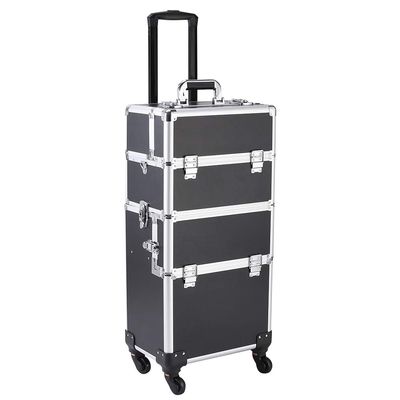 Byya 3 in 1 Professional Rolling Train Cases,Aluminum Makeup Train Case, Multifunction Artist Makeup Cosmetic Train Case with 4 Removable Rolling Wheels and Lockable 4 Keys (Black)