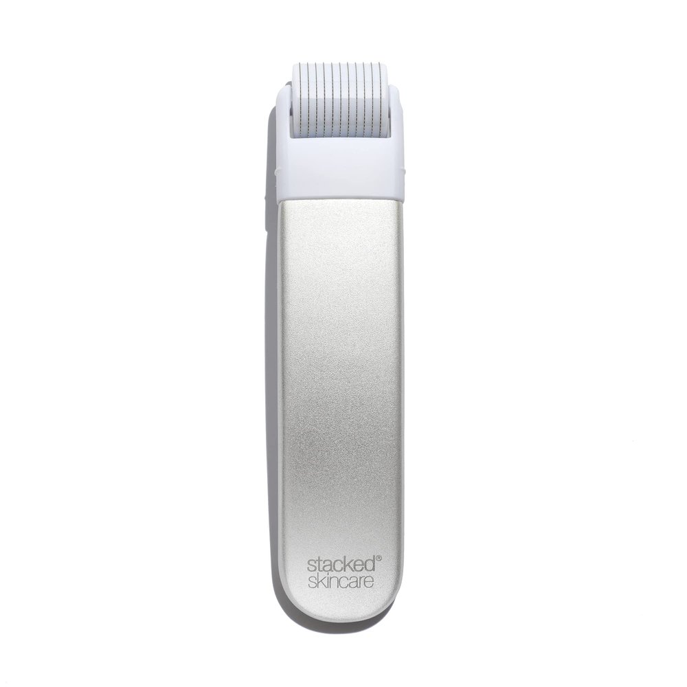 StackedSkincare Microneedling Roller with Replaceable 0.2mm Stainless Steel Needle Head - Gentle Micro Needle Roller for Face, Scalp & Body - Ergonomic Aluminum Handle for Smooth, Even, Radiant Skin