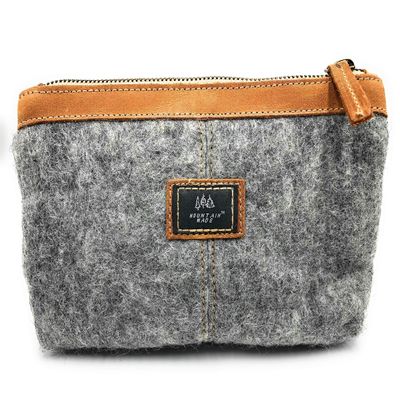 Mountain Made Wool and Pure Leather Luxury Travelers Small Cosmetic Bag, Toiletries, or Utility Bag For Students, Women and Men. Perfect size to fit inside your purse.