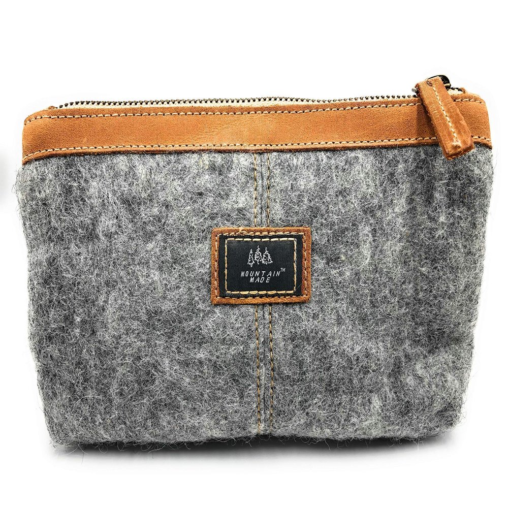 Mountain Made Wool and Pure Leather Luxury Travelers Small Cosmetic Bag, Toiletries, or Utility Bag For Students, Women and Men. Perfect size to fit inside your purse.