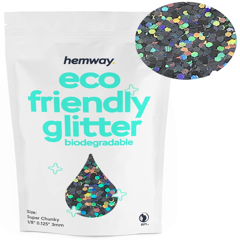 Hemway Eco Friendly Biodegradable Glitter 100g / 3.5oz Bio Cosmetic Safe Sparkle Vegan for Face, Eyeshadow, Body, Hair, Nail and Festival - Super Chunky (1/8" 0.125" 3mm) - Gun Metal Grey Holographic