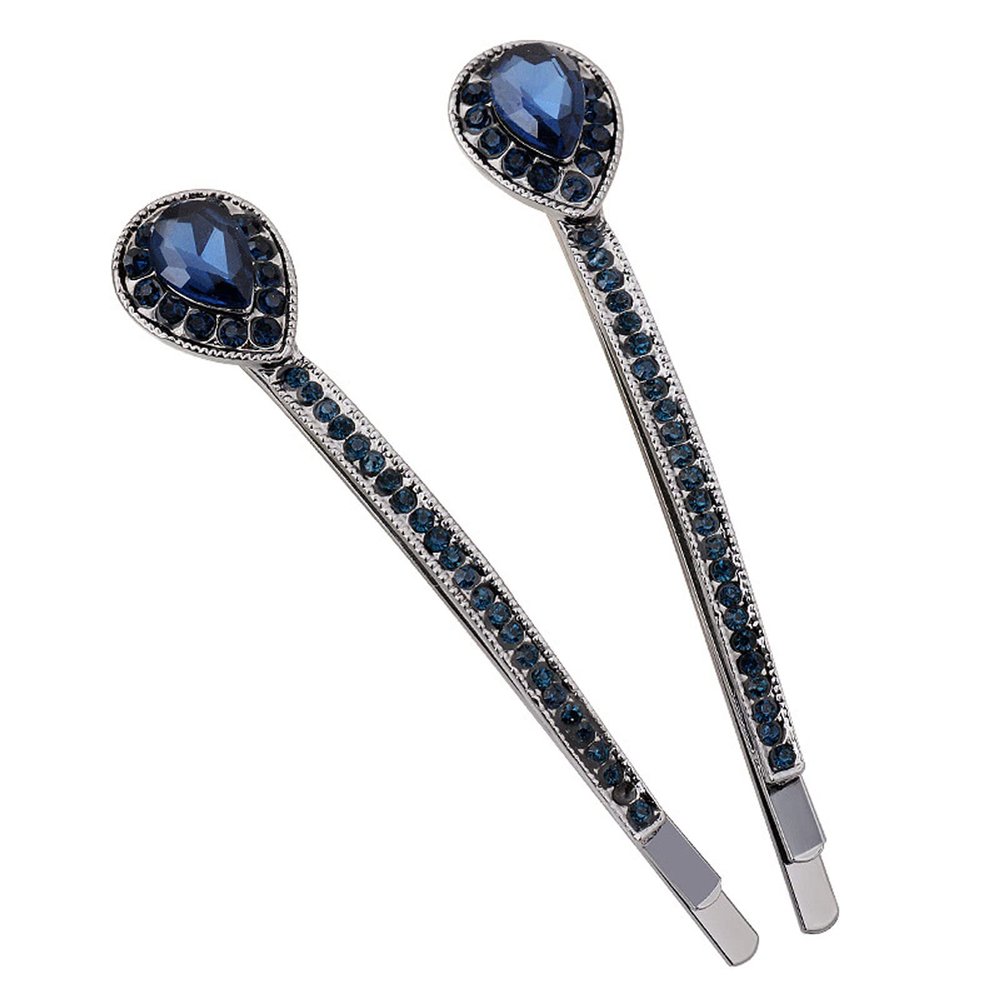 2PCS Lady Women Vintage Rhinestone Small Water droplets Bobby Pin Crystal Hair Pin Metal Hair Clips Hair Accessories (Blue)
