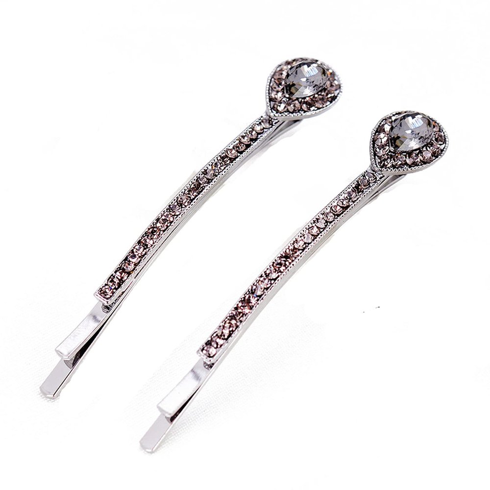 2PCS Lady Women Vintage Rhinestone Small Water droplets Bobby Pin Crystal Hair Pin Metal Hair Clips Hair Accessories (Gray)