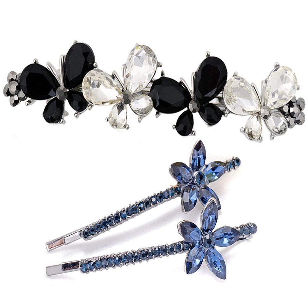 1PC French Butterfly Hair Barrettes and 2PCS Rhinestone Butterfly Hair Clips Bobby Pins Hairpins Accessory for Women (B #)