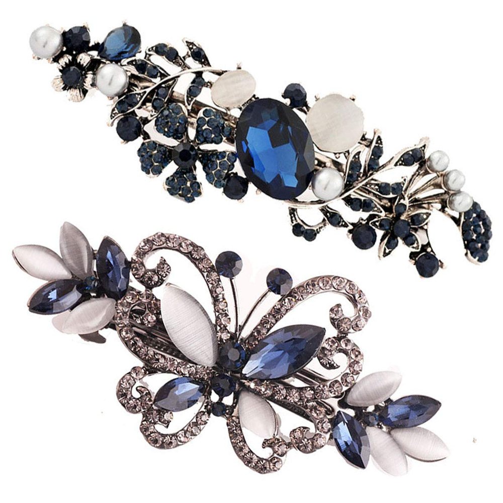 2PCS Women Crystal Rhinestones Hair Barrettes Flower Butterfly French Clip Vintage Spring Hair Clips Hair Accessories (A #)