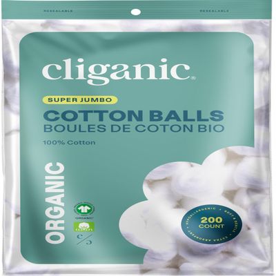 Cliganic Organic Super Jumbo Cotton Balls (200 Count) - Hypoallergenic, Absorbent, Large Size, 100% Pure (Packaging May Vary)