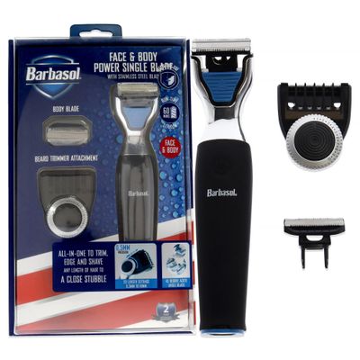 Barbasol Rechargeable Electric Wet and Dry Single Blade Shaver with Stainless Steel Blades and Adjustable Beard Trimmer Attachment