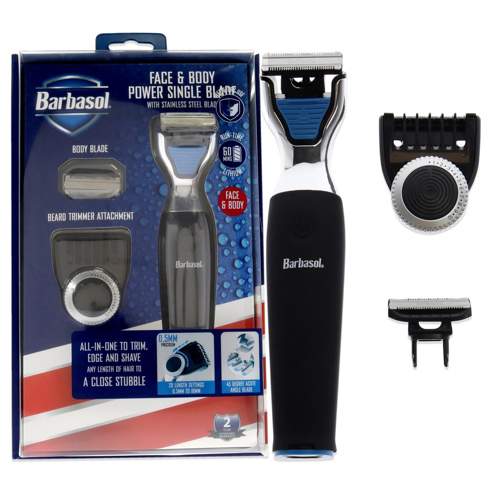 Barbasol Rechargeable Electric Wet and Dry Single Blade Shaver with Stainless Steel Blades and Adjustable Beard Trimmer Attachment