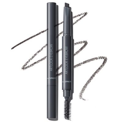 THESAEM Artlook Eyebrow Definer Pencil with Spoolie Brush 04 Black Gray Long Lasting Eyebrow Makeup for Soft Textured with Vitamin E - Triangular Pencil