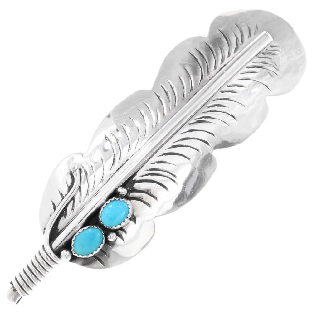 Navajo Turquoise Sterling Feather Hair Barrette Hammered Silver Patterns on Silver Spring Clip 3314