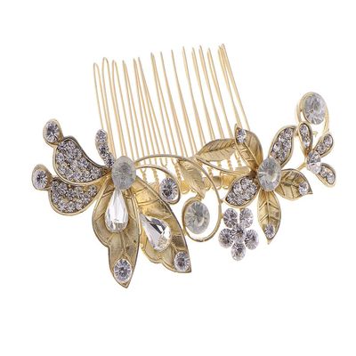 Alilang Golden Tone Flower Leaf Crystal Rhinestone Elegant Bridal Hair Comb