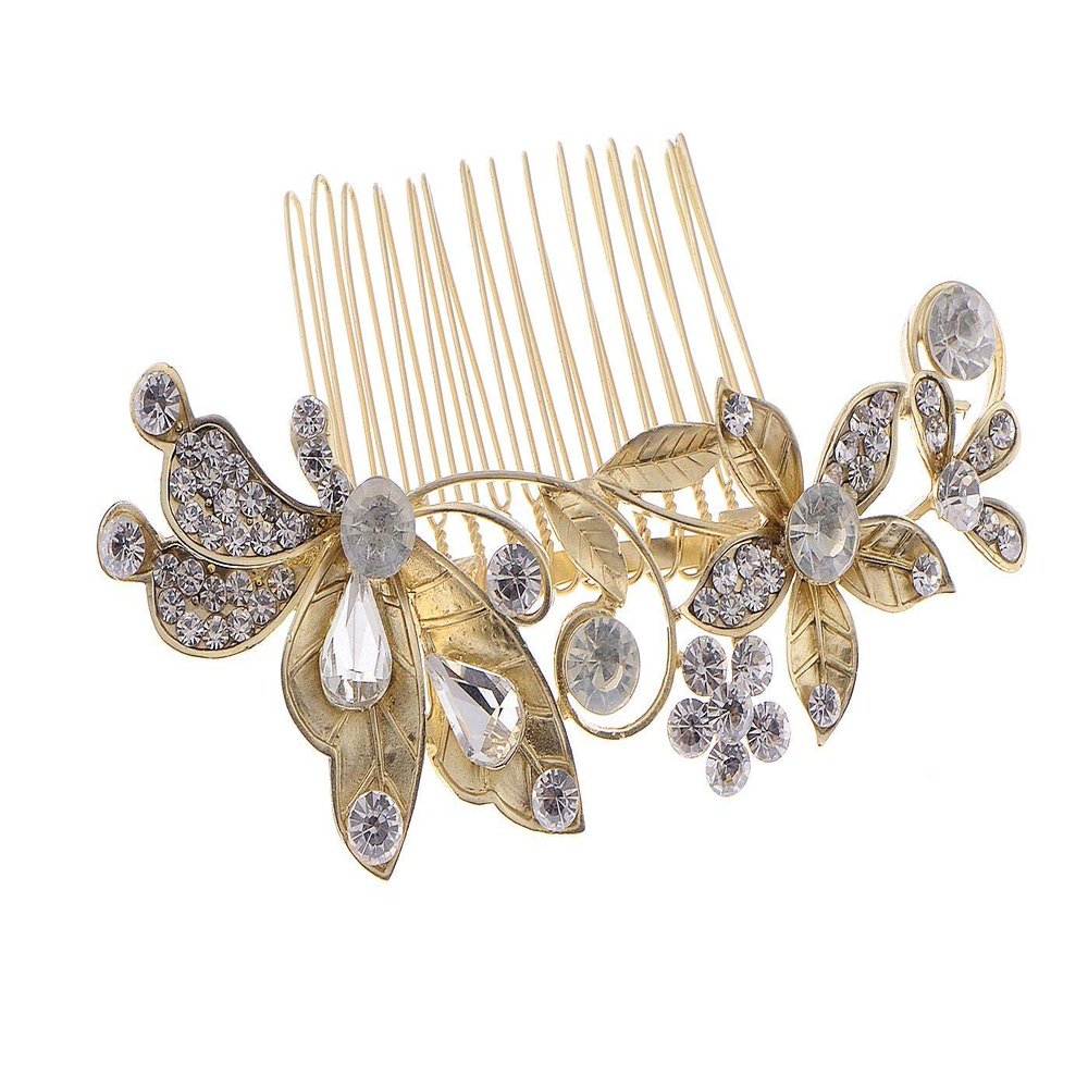 Alilang Golden Tone Flower Leaf Crystal Rhinestone Elegant Bridal Hair Comb