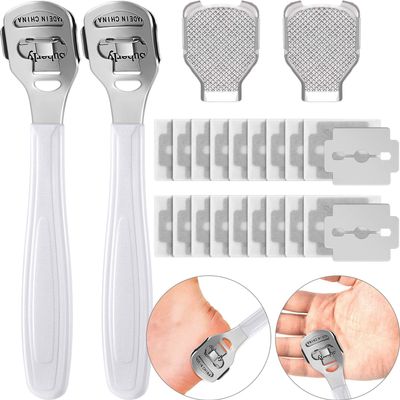 24 Pieces Callus Shaver Sets, 20 Replacement Slices Blades 2 Callus Shavers Stainless Steel and 2 Foot File Heads Foot Care Tools Hard Skin Remover for Hand Feet