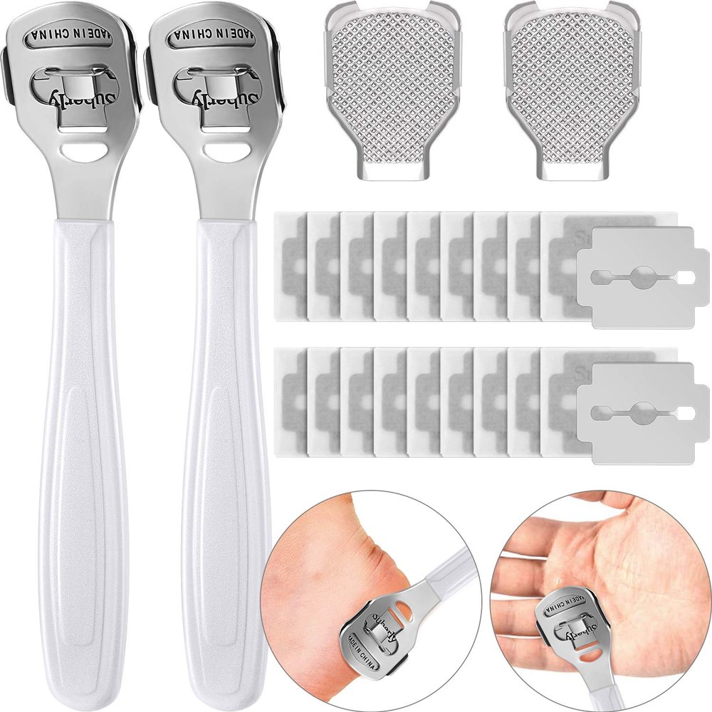 24 Pieces Callus Shaver Sets, 20 Replacement Slices Blades 2 Callus Shavers Stainless Steel and 2 Foot File Heads Foot Care Tools Hard Skin Remover for Hand Feet