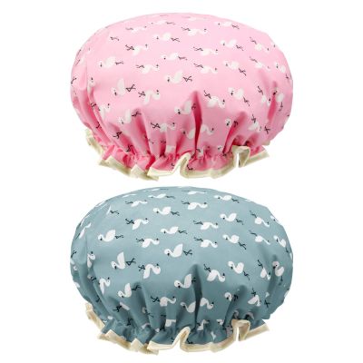 2 Packs Reusable Waterproof Shower Caps Double Layers Shower Caps With Elastic Edge Covering Ears Keeping Hair Dry Fitting Perfectly on Head for Girls and Women