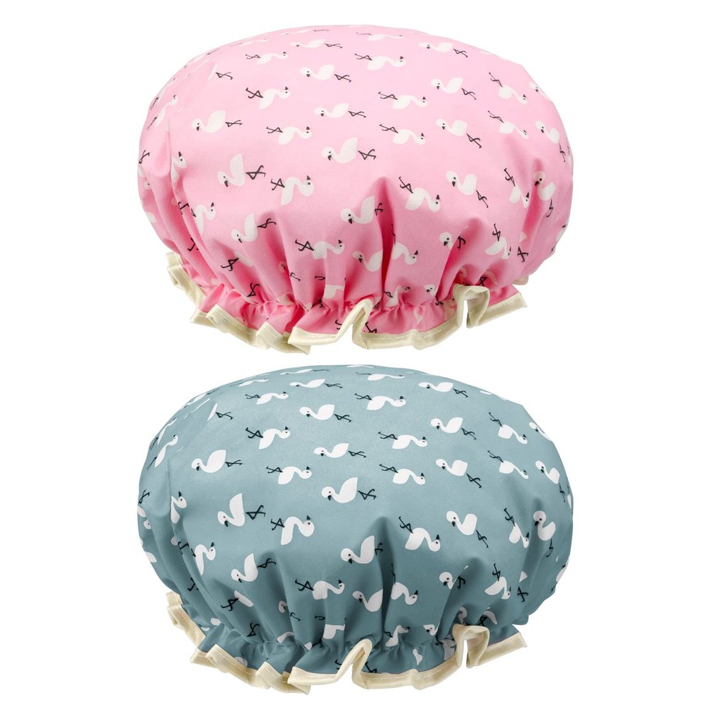2 Packs Reusable Waterproof Shower Caps Double Layers Shower Caps With Elastic Edge Covering Ears Keeping Hair Dry Fitting Perfectly on Head for Girls and Women