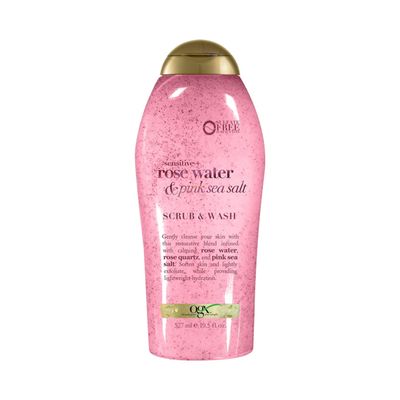 OGX Sensitive + Rose Water & Pink Sea Salt Exfoliating Body Scrub + Rose Quartz, Gentle Exfoliating Daily Body Wash Softens Skin, Body Scrub for Women, Sulfate-Free Surfactants, 19.5 fl oz