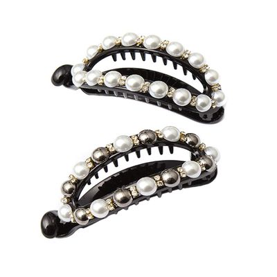 2 Pcs Fashion Hollow Imitation Pearls Banana Hair Clip Elegant Rhinestone Hairpins Ponytail Holder Woman Hair Accessories