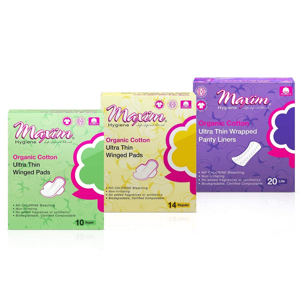 Maxim Organic Cotton Period Variety Pack (3 Packs) | Winged Day Pads, Winged Night Pads & Individually Wrapped Liners, Hypoallergenic, Unscented & Chlorine-Free for Sensitive Skin