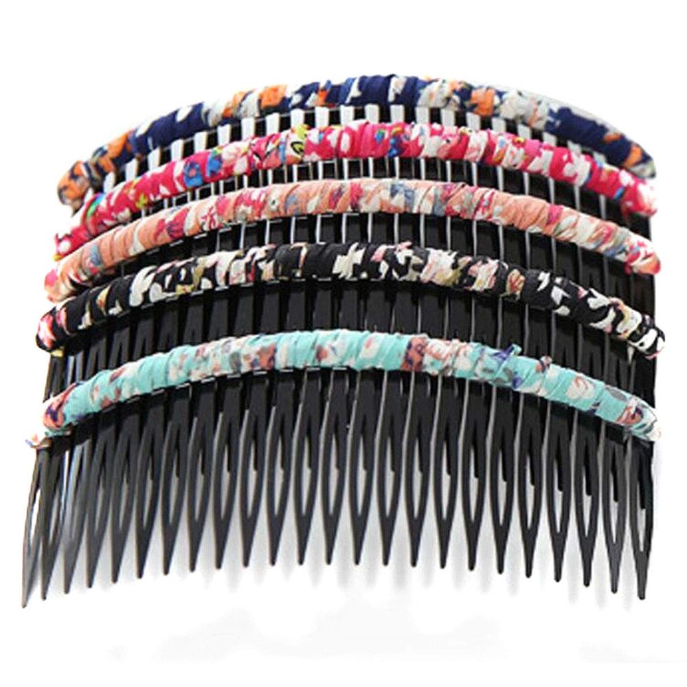 5 Pcs Multicolor Chiffon Floral 24 Teeth Side Comb Pin Clip Plastic Hair Comb Headwear Hair Accessories for Women (A#)