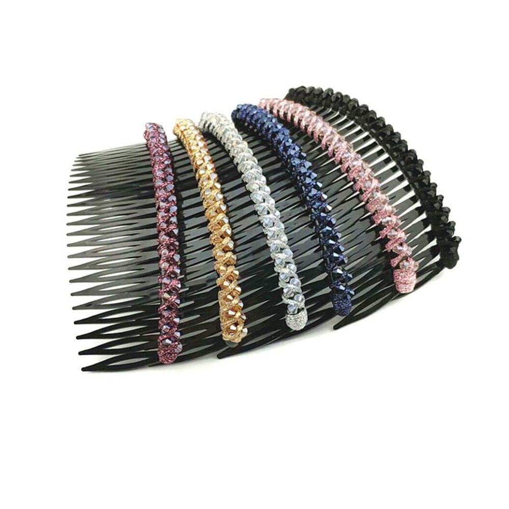 6 Pcs Women Plastic Hair Combs Manual String Bead 24 Teeth Rhinestone Side Comb Pin Clip Headwear Hair Accessories (Random Color)