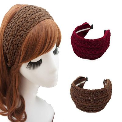 2 PCS Women Lady Fashion Vintage Handmade Woven Wide Hairband Retro Fabric Knitting Hard Headband Headwear (Red Wine+Brown)