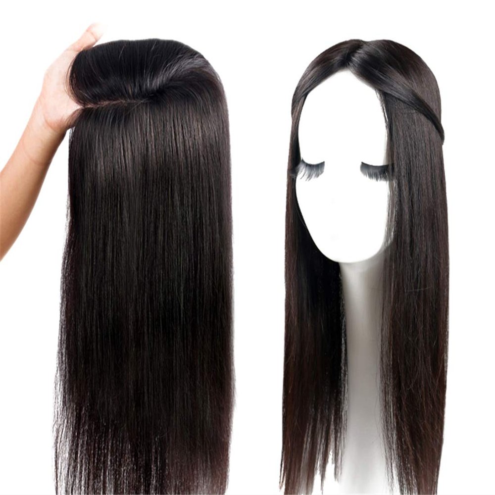 100% Real Human Hair Crown Topper Hair Pieces for Women with Thinning Hair, Susanki 6" x 6.7" Silk Top Hair Toppers with Clip on, 15" Dark Brown