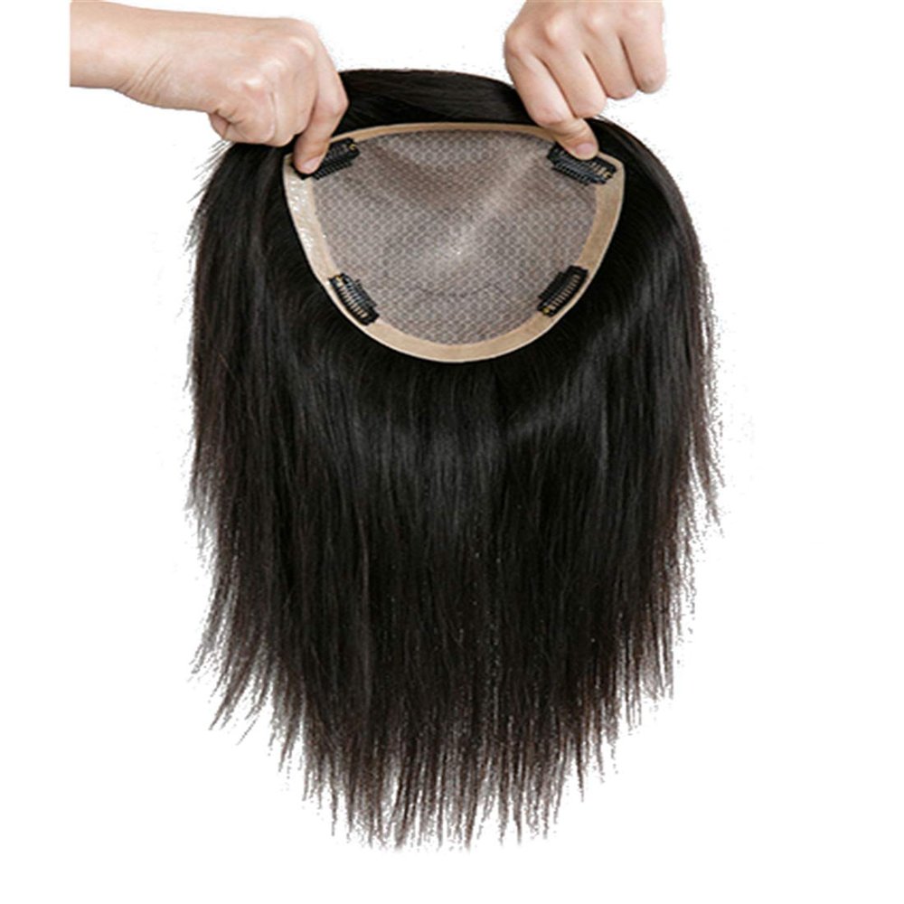100% Real Human Hair Crown Topper Hair Pieces for Women with Thinning Hair, Susanki 6" x 6.7" Silk Top Hair Toppers with Clip on, 14" Off Black