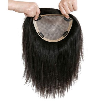 100% Real Human Hair Crown Topper Hair Pieces for Women with Thinning Hair, Susanki 6" x 6.7" Silk Top Hair Toppers with Clip on, 12" Off Black