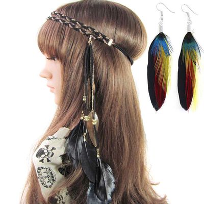 Hippie Headband Feather Headdress Native American Headpiece Hairband with Feather Earrings Bohemian Handmade Feather Headwear Hair Accessories (B#)