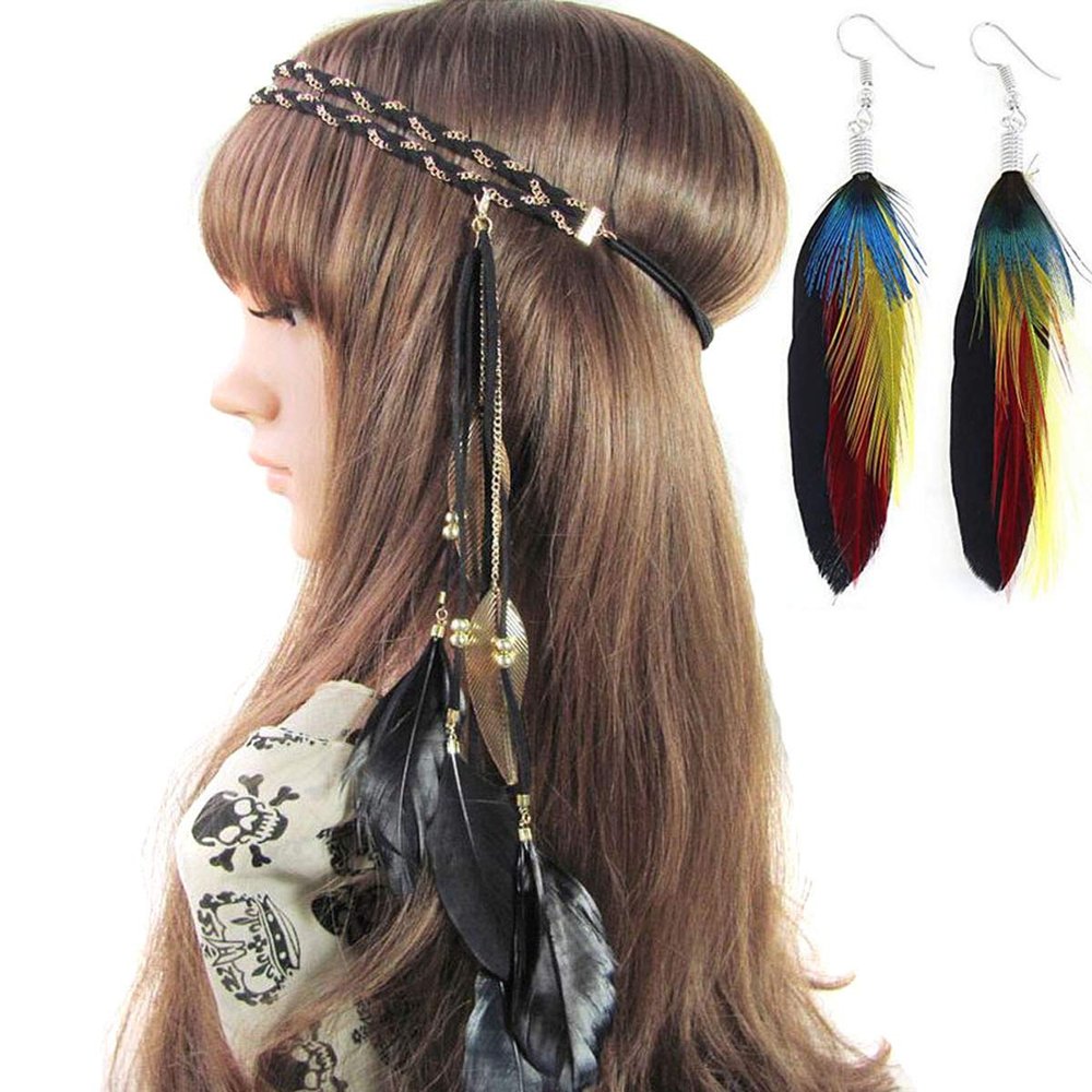 Hippie Headband Feather Headdress Native American Headpiece Hairband with Feather Earrings Bohemian Handmade Feather Headwear Hair Accessories (B#)