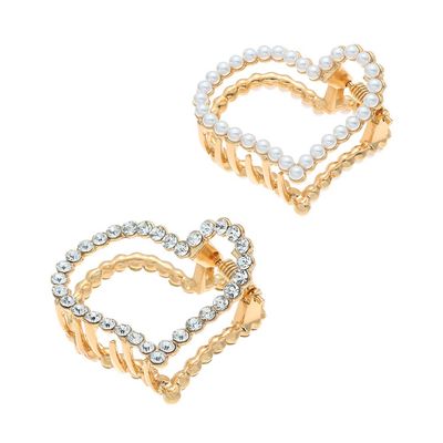 Set of 2 Metal Hair Claw Clips with Rhinestone or Imitation Pearl Non Slip Hair Clamp Jaw Clip (Love style)