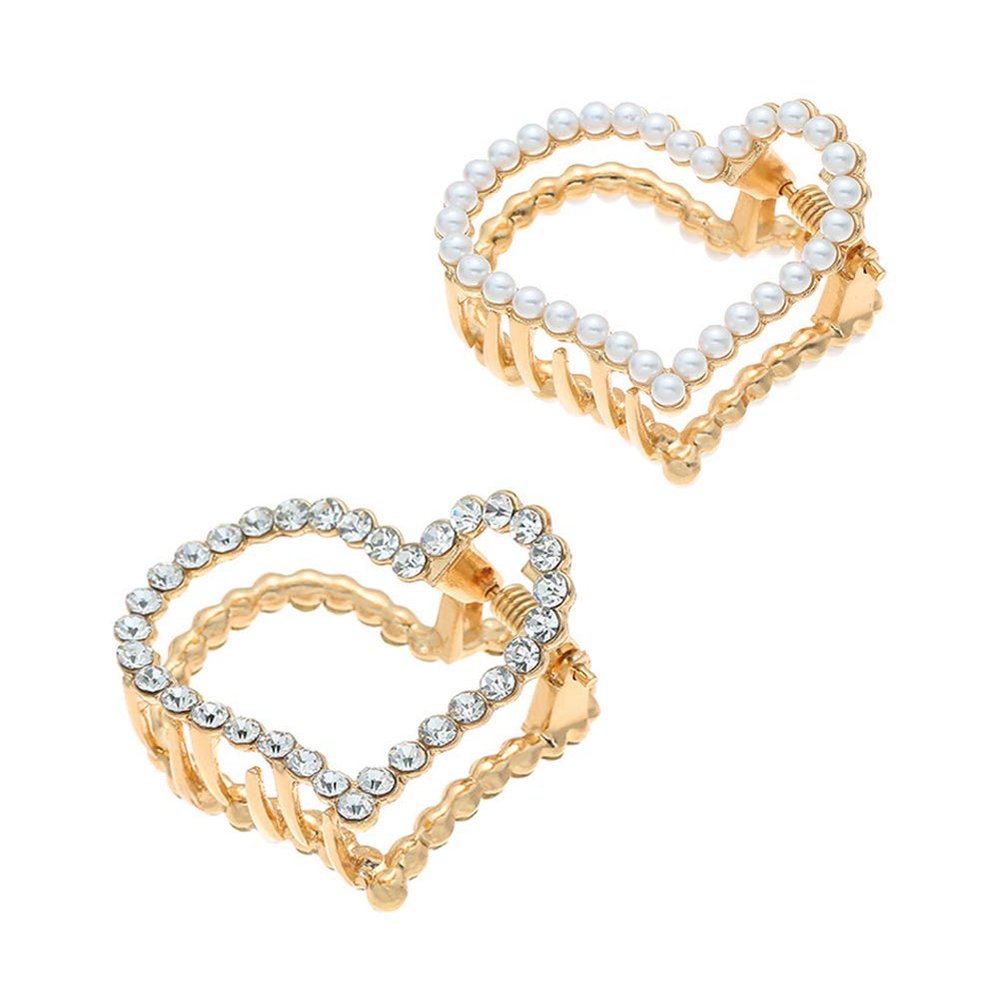 Set of 2 Metal Hair Claw Clips with Rhinestone or Imitation Pearl Non Slip Hair Clamp Jaw Clip (Love style)