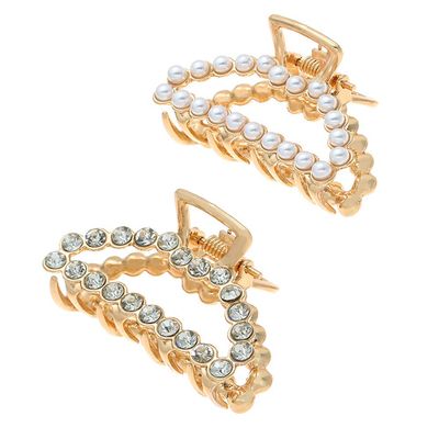 Set of 2 Metal Hair Claw Clips with Rhinestone or Imitation Pearl Non Slip Hair Clamp Jaw Clip (Triangle)