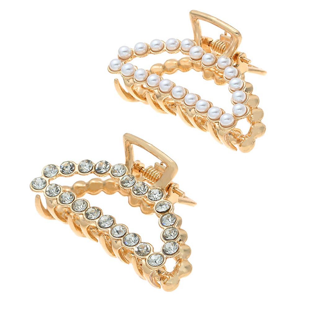 Set of 2 Metal Hair Claw Clips with Rhinestone or Imitation Pearl Non Slip Hair Clamp Jaw Clip (Triangle)