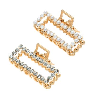 Set of 2 Metal Hair Claw Clips with Rhinestone or Imitation Pearl Non Slip Hair Clamp Jaw Clip (Rectangle)