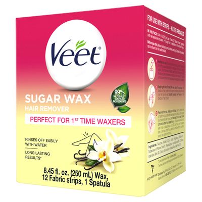 VEET Sugar Wax Hair Remover - Perfect for First Time Waxers - Contains 12 Fabric Strips & 1 Spatula with a Temperature Indicator